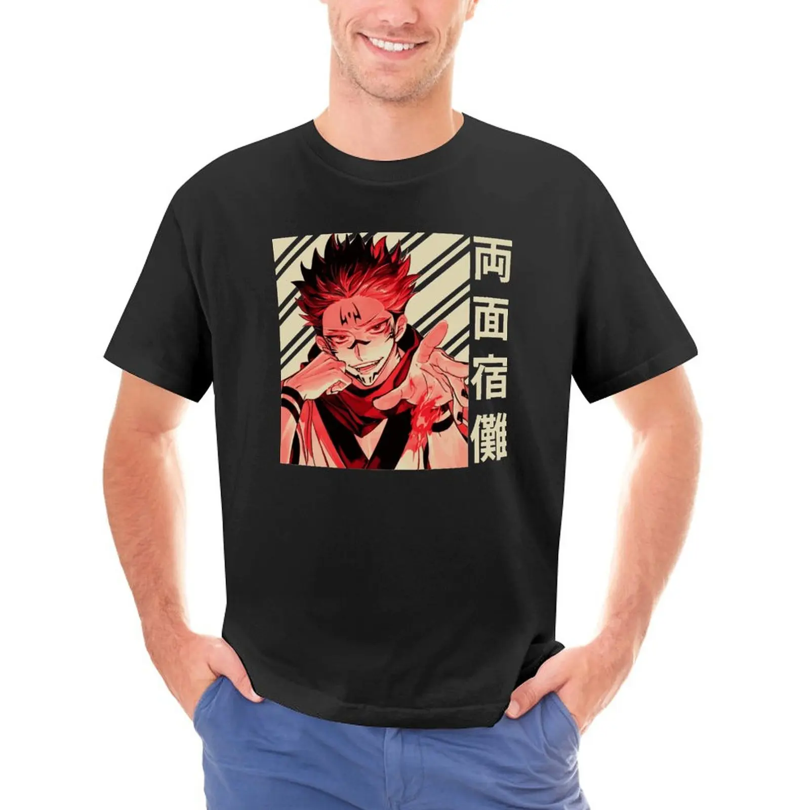 

Винтажная художественная футболка Sukuna в стиле хип-хоп, мужские футболки с принтом ююютсу кайсена, футболки с круглым вырезом, оригинальная ...