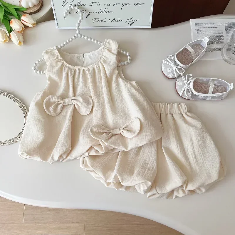 Комплекты принцесс для девочек летняя рубашка без рукавов с бантом + шорты