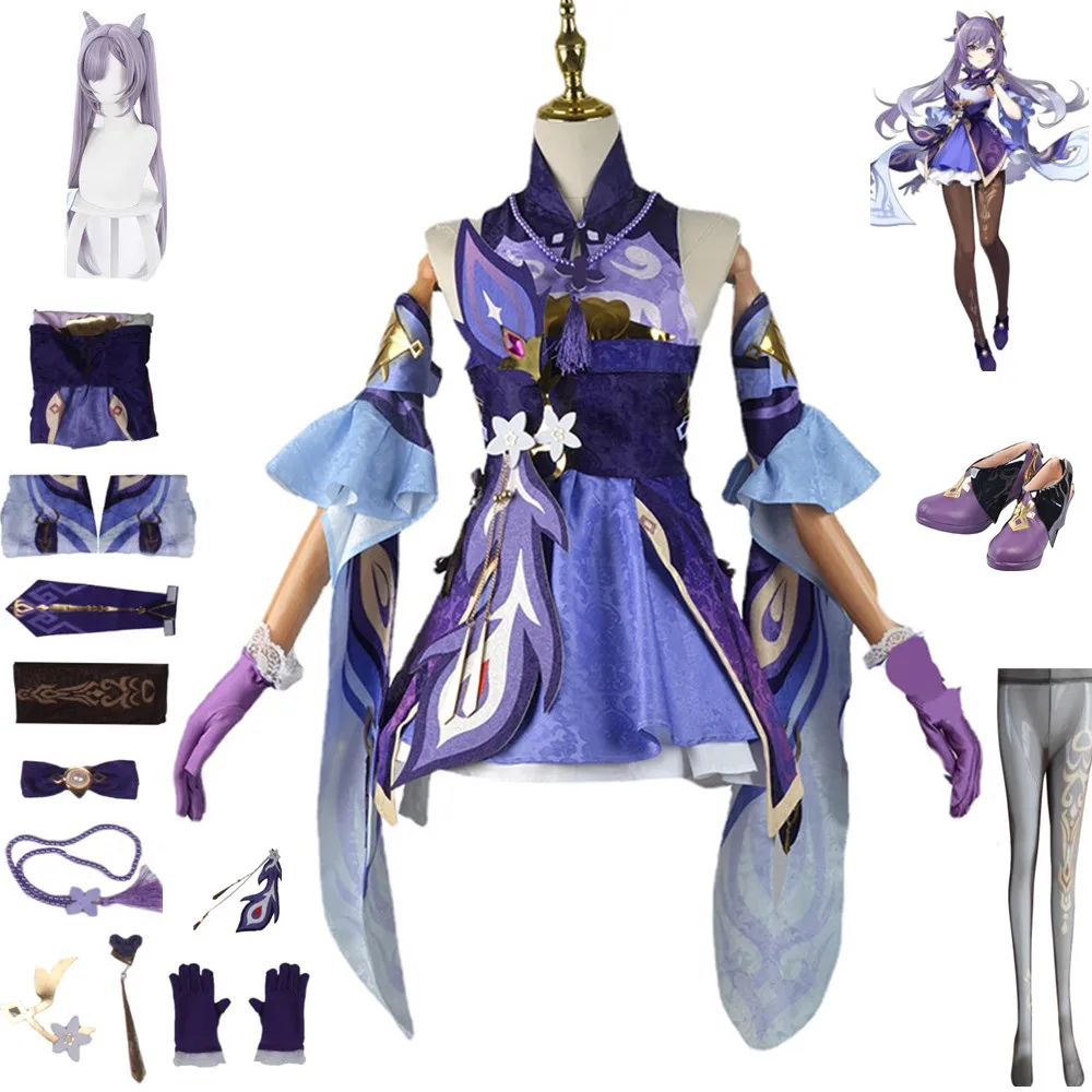 

Аниме Genshin Impact Keqing Косплей Костюм с рукавом на талию колготки головной убор ожерелье платье парик женский сексуальный костюм для взрослых