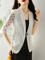 spring and summer new mid sleeve thin hollow sleeve lace small suit jacket womens casual commuter all match temperament top