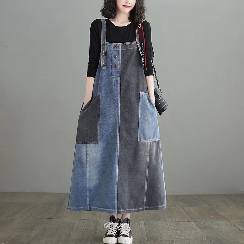 

Loose Oversized Plus Size Denim Dress Women Casual Streetwear Black Blue Patchwork Straps Dresses Vintage Jeans Long Vestidos