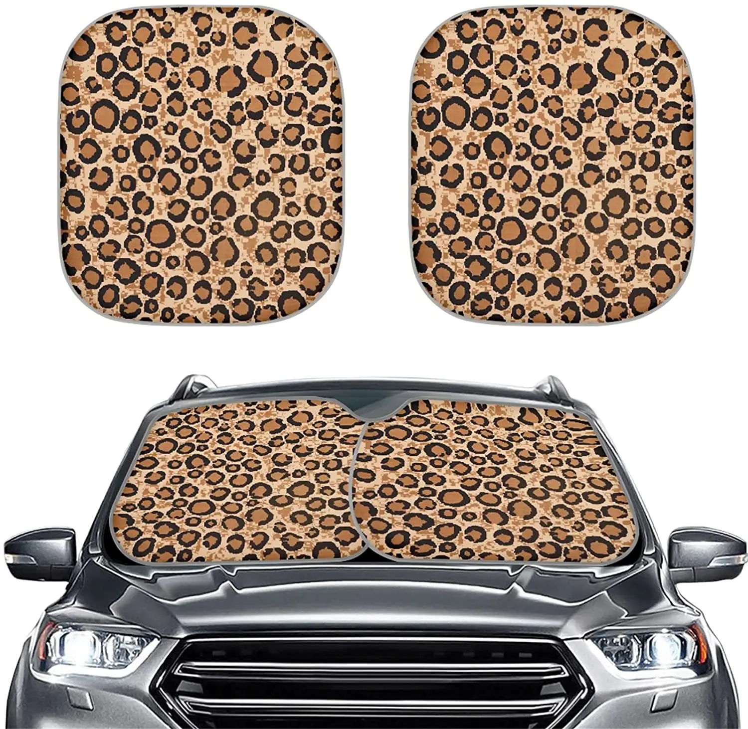 

Simple Style Leopard Tiled Pattern Brown 2 PCS Set Fold-able Car Front Windshield Sunshade Pad UV Heat Block Sun Visor
