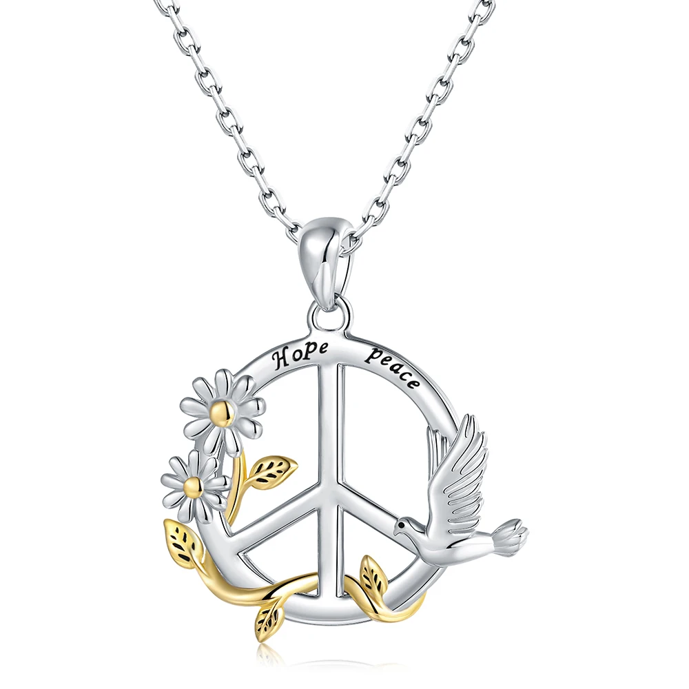 

925-Sterling-Silver Hope Peace Cute Animal Peace Dove Pendant Daisy Flower Necklaces Peace World Symbol Birthday Gifts for Women