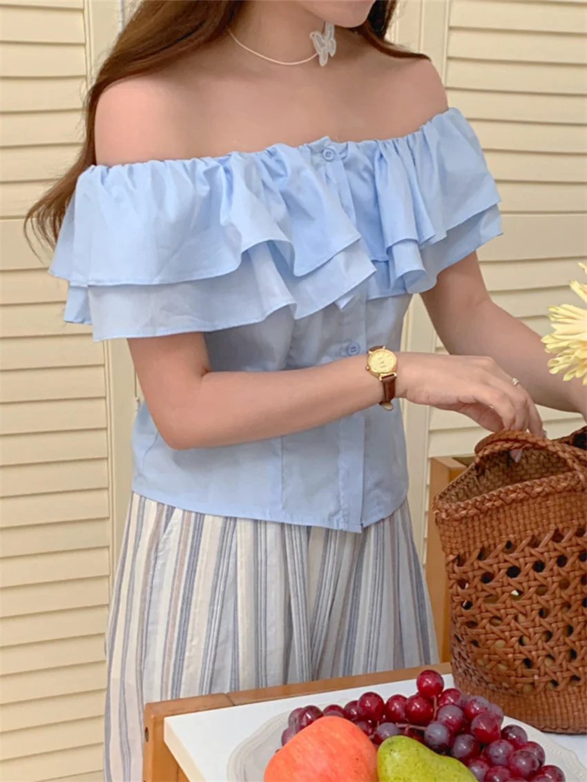 Рубашка Alien Kitty Женская с оборками приталенная блузка воротником-лодочкой