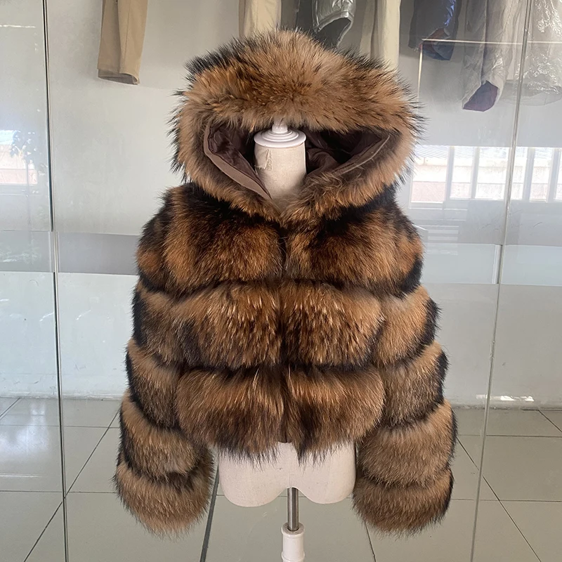 MAOMAOKONG Fur Coat Winter Real 100% Natural Raccoon Fur Women's Coat Fluffy Top Coat With Hooded Jacket Manteau Femme