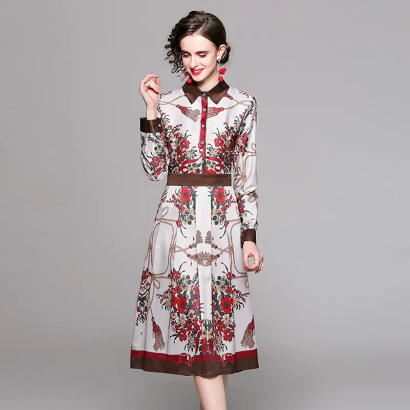 

Женское винтажное плиссированное платье миди, офисное платье-трапеция с цветочным принтом и цепочкой, с высокой талией и рукавом до запясть...