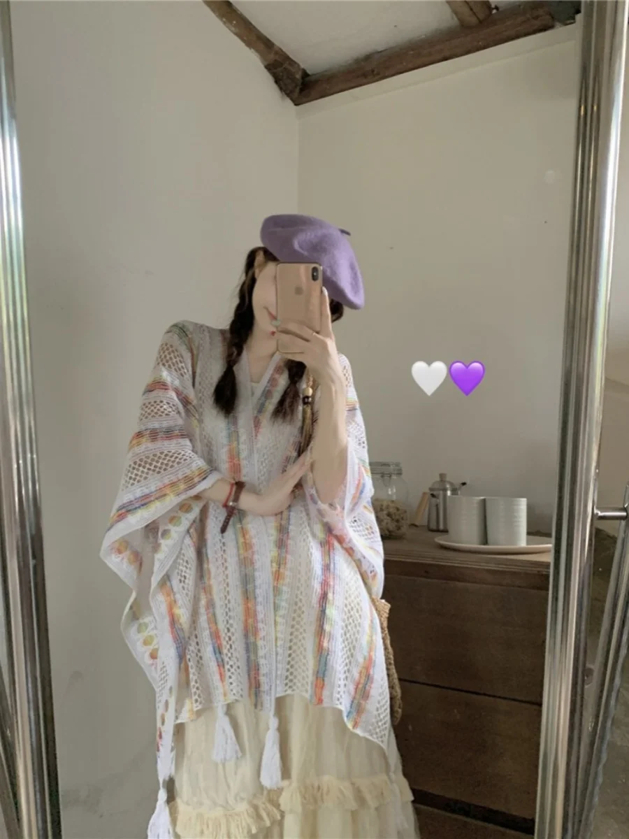 Gaganight женский вязаный кардиган в радужную контрастную полоску с кисточками