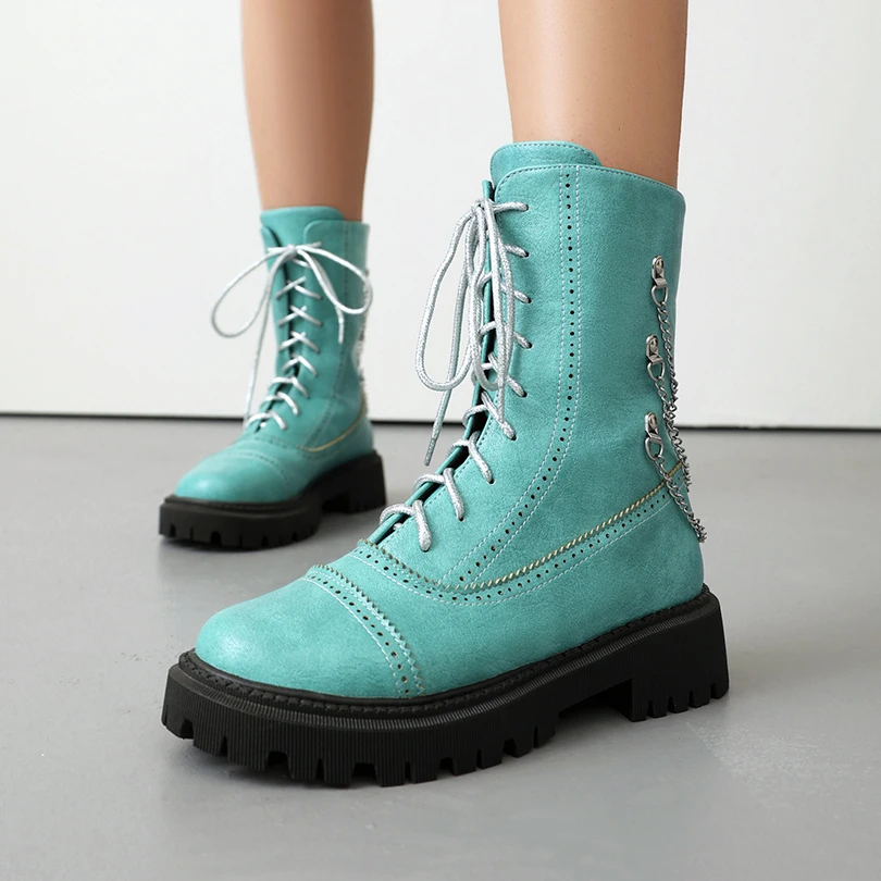 Женские короткие сапоги в стиле панк с металлической цепочкой и шнуровкой на