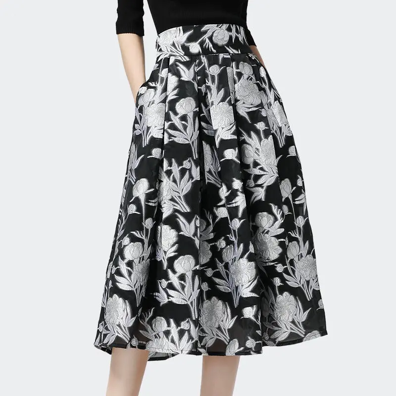 

Printed A-line skirt for women in autumn, high waist slim large swing skirt fashionable korean fashion clothing black skirt
