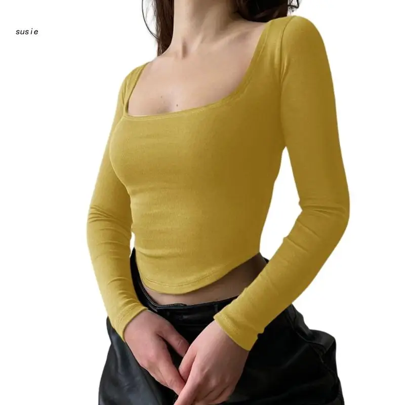 

X7YA женская футболка с длинным рукавом, Женская однотонная Базовая футболка-топ, облегающая модель