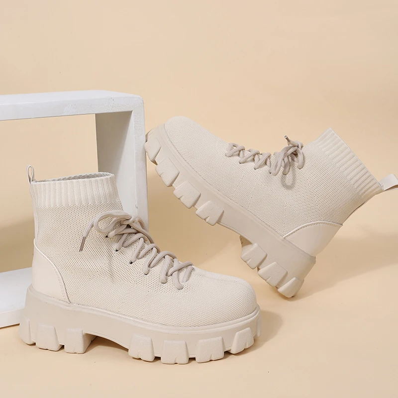 

Fashion New Socks Shoes Woman Stretch Fabric Mid-Calf Casual Platform Boots Knitted Lace-Up Short Boots Size 43 Women's Boots