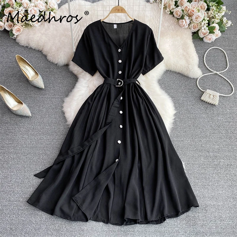

Maxi Dresses for Women Summer Belt Solid Color Mid Calf Ladies Dress A-Line V-Neck Short Sleeve Female Dress Fashion Clothing