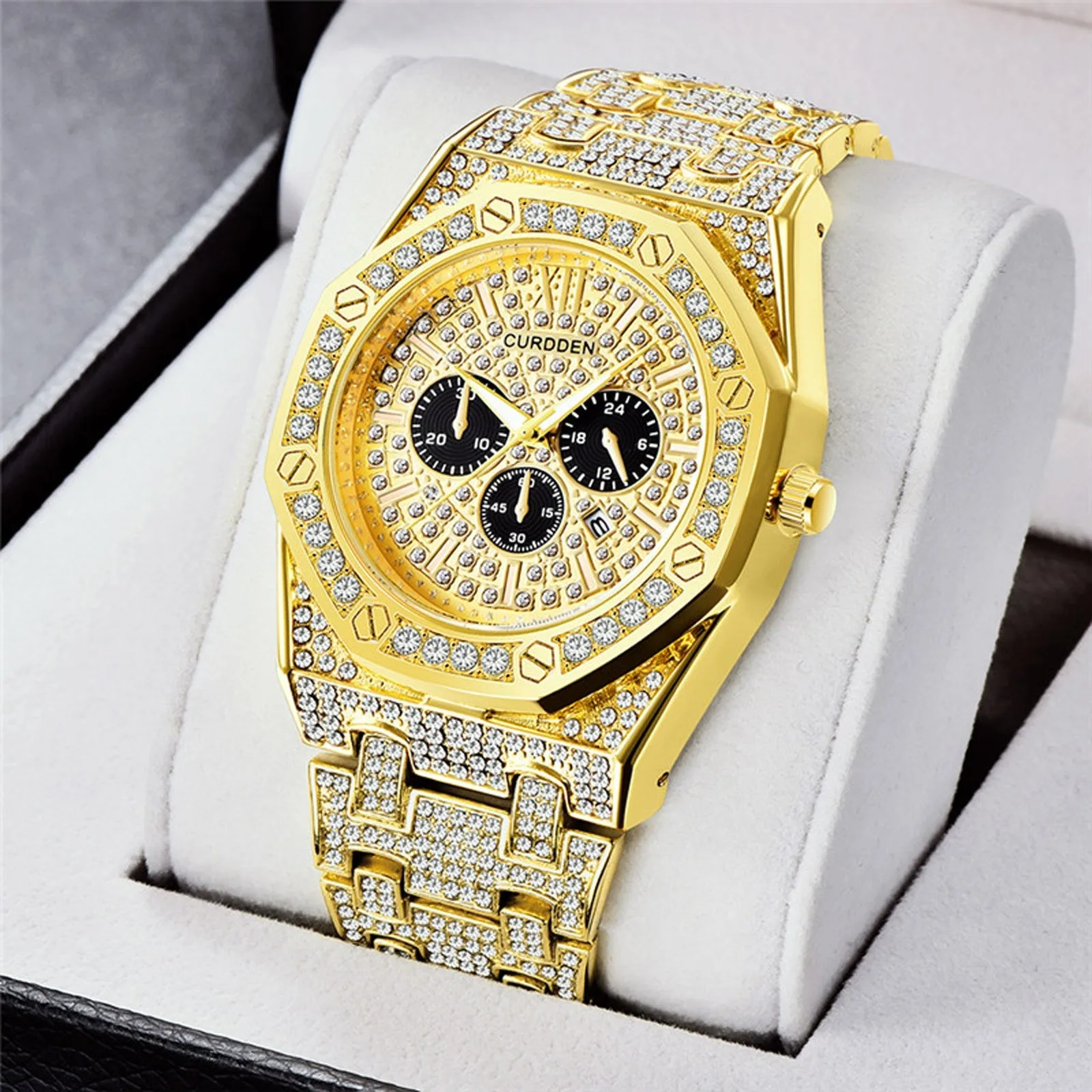 

Luxury Fashion Men'S Watches Diamond Inlay Quartz Wristwatch For Men Stainless Steel Band Calendar Watch Relojes Para Hombres