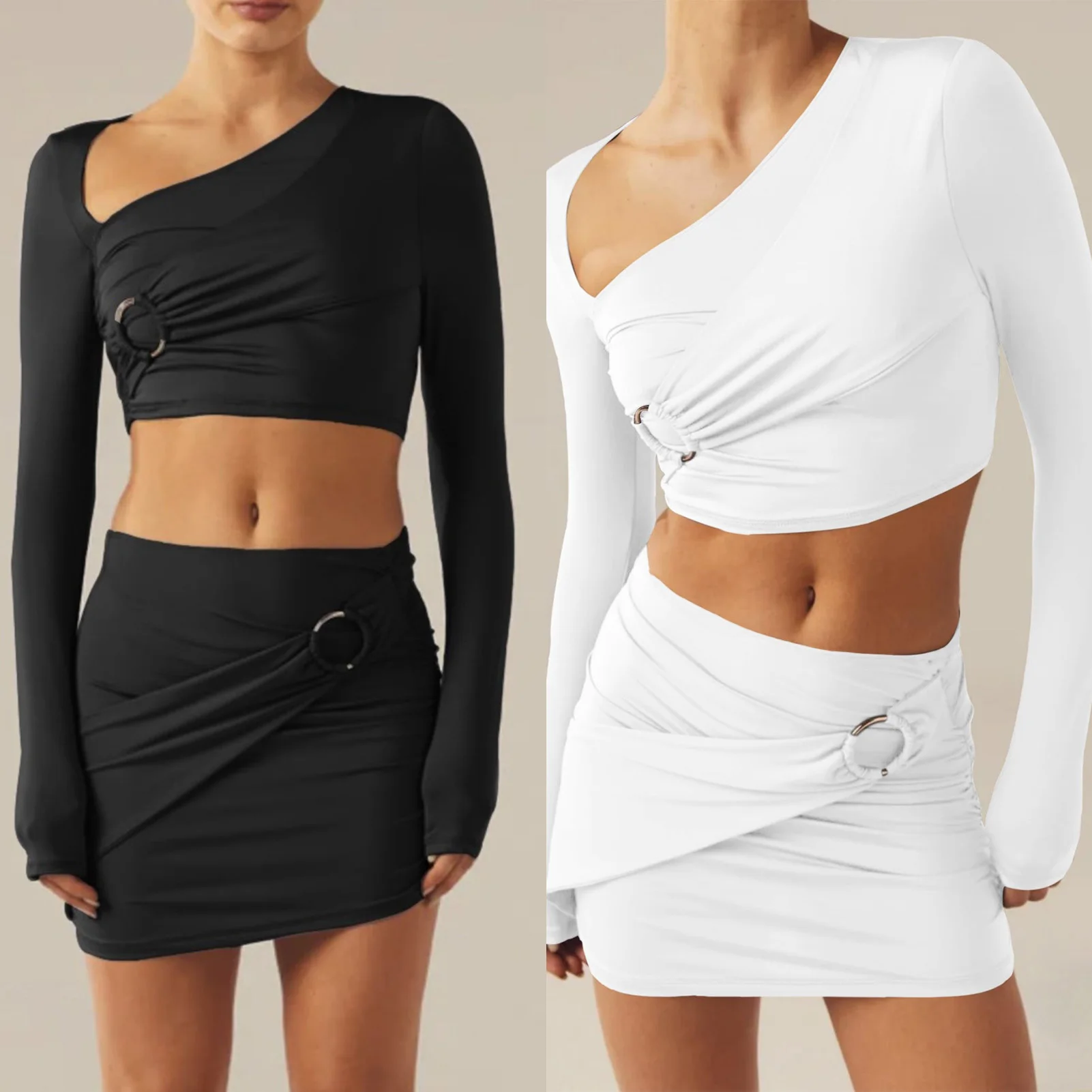 

Women's New Set Korean Sexy Spicy Girl Ruched Long Sleeve Top Skirts Suits Skinny Metallic Ring Bodycon Mini Skirts Sets