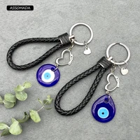 leather rope heart evil eye keychain for women gift bag car turkish blue eye key chain round glass keyring charm driopping