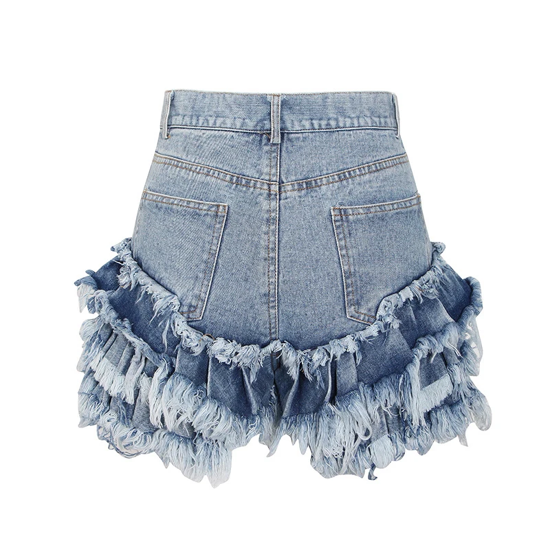 2021 Summer Casual Patchwork Ruffles Blue Shorts for Women High Waist Pockets All-Match Asmmetrical Slim Short Pant Female New