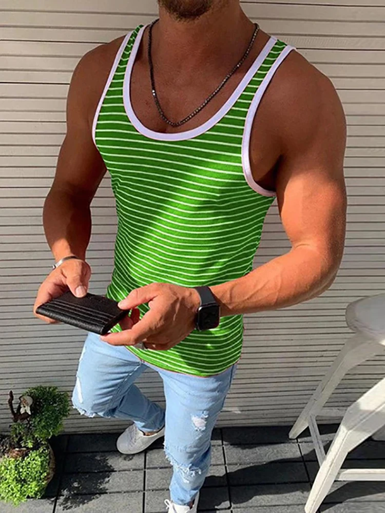 

2022 New Summer Casual Sleeveless Tee Shirts For Mens Vintage Stripe Printing Tank Tops Men Fashion O-Neck Pullover Streetwear