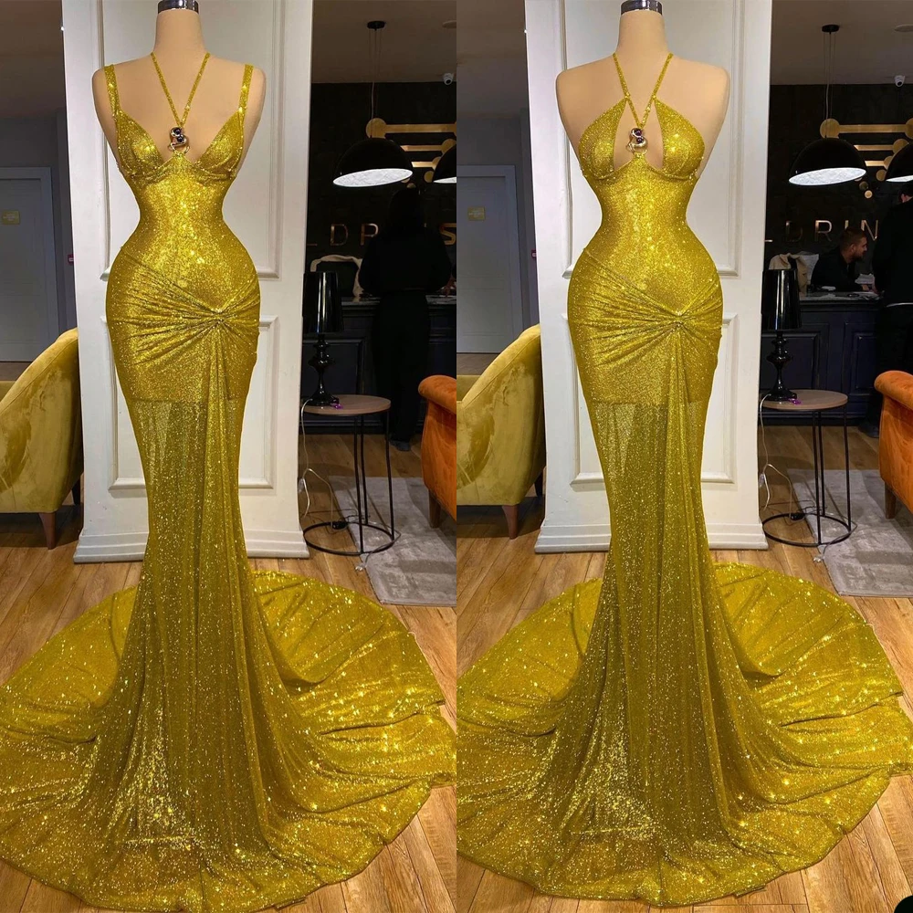 

2022 Bling Sparkly Arabic Evening Dress Dubai V Neck Long Prom Dresses Mermaid Celebrity Party Gowns