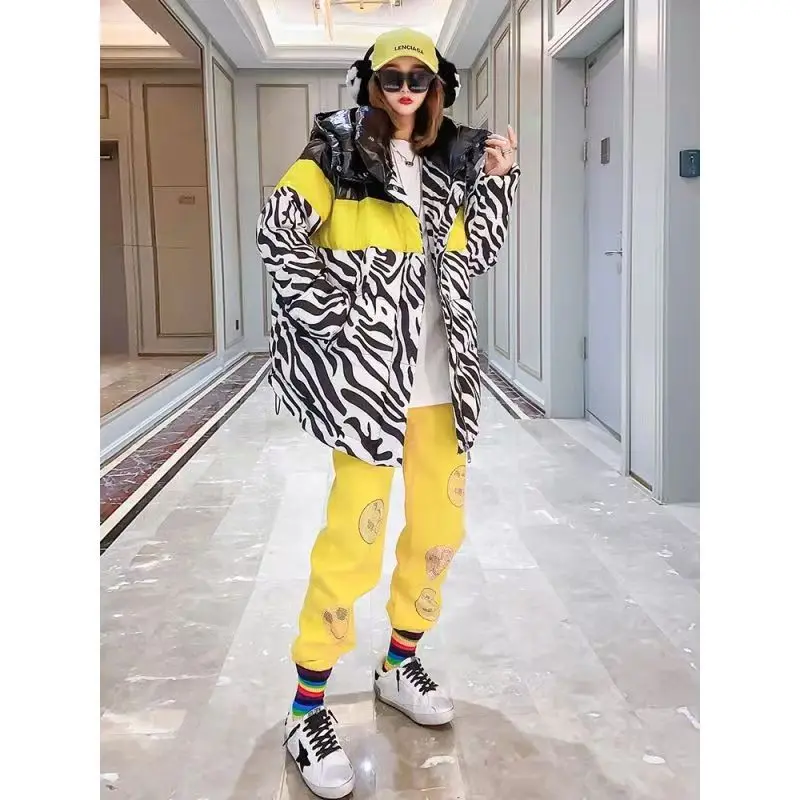 Thick Parka Women Winter Down Jacket Hooded Fashion Zebra Pattern Printed Coat Female's Cotton Padded Outwear Loose Jackets