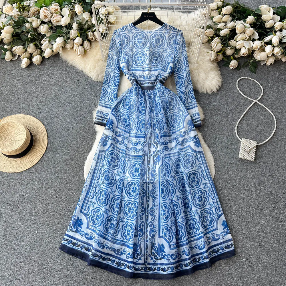 

Женское платье-макси с круглым вырезом, длинным рукавом