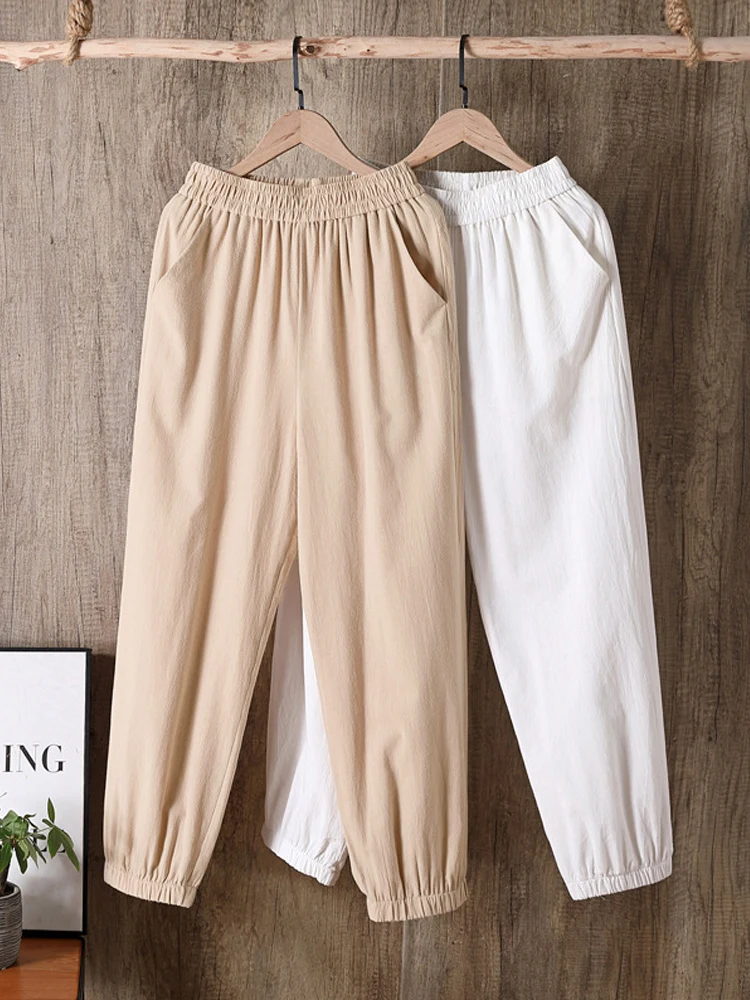 

2022 Spring Summer Casual Cotton Linen Pants Women Elastic Waist Solid Pockets Retro Loose Women's Harem Pants Trousers Bottoms