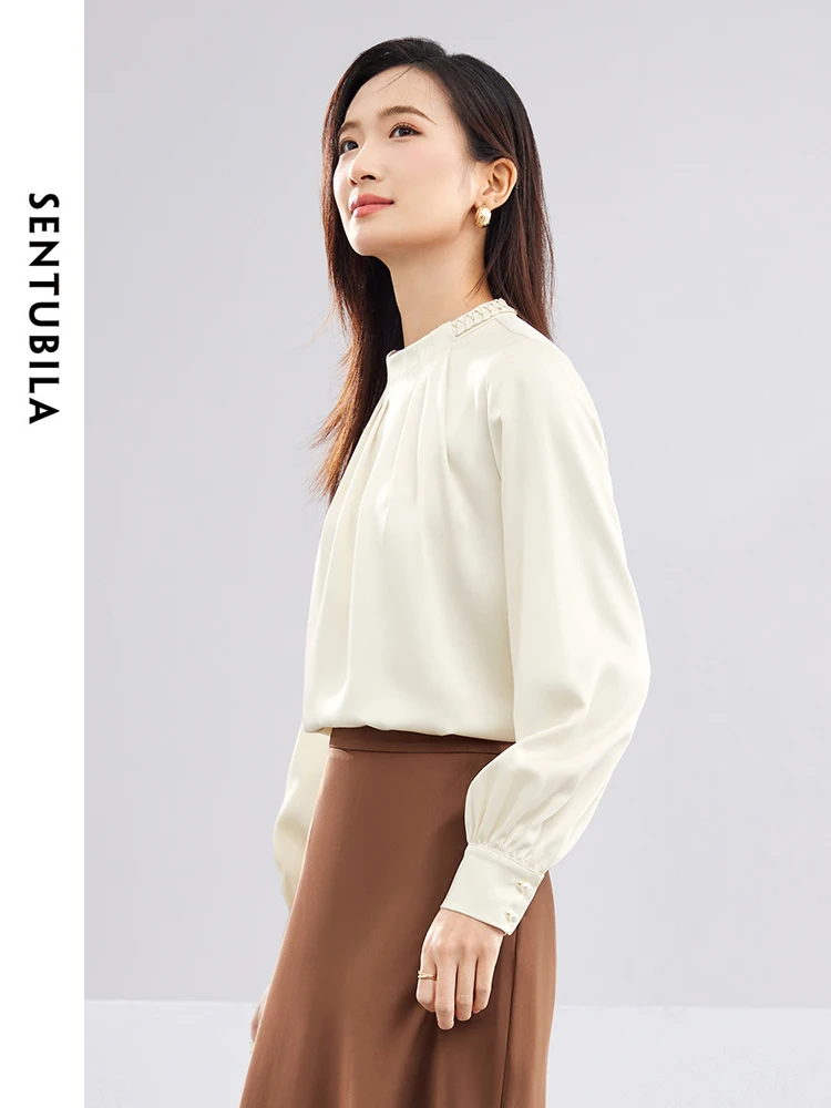 Женская Однотонная рубашка с круглым вырезом длинным рукавом