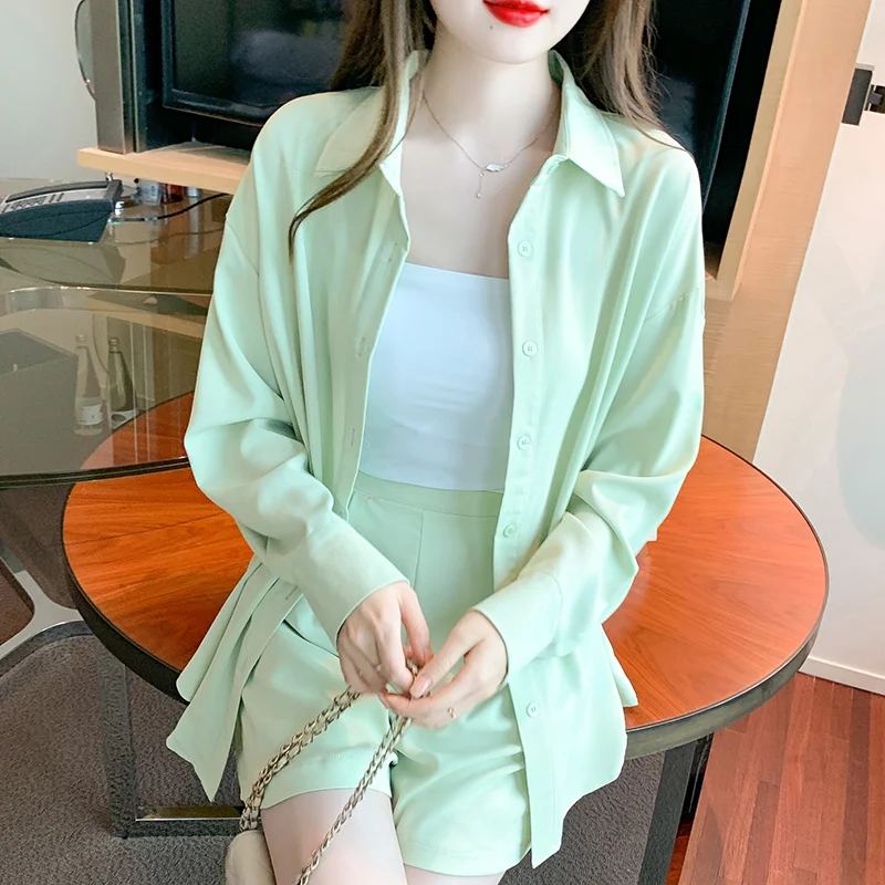 

2023 Women's Spring Summer Mint Green Shirts+Shorts Suits Office Lady Fashion Long Sleeve Loose Tops Crepe Y2k 2PCS Set Outfits