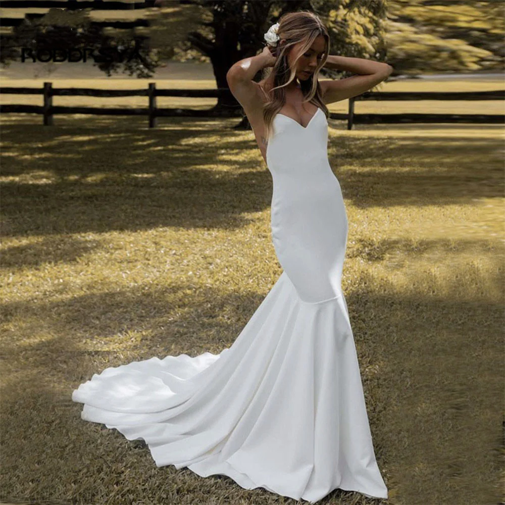 

Mermaid Spaghetti Straps Wedding Dress For Women Backless Sweetheart Stain Court Train Bridal Gown Vestido De Novia