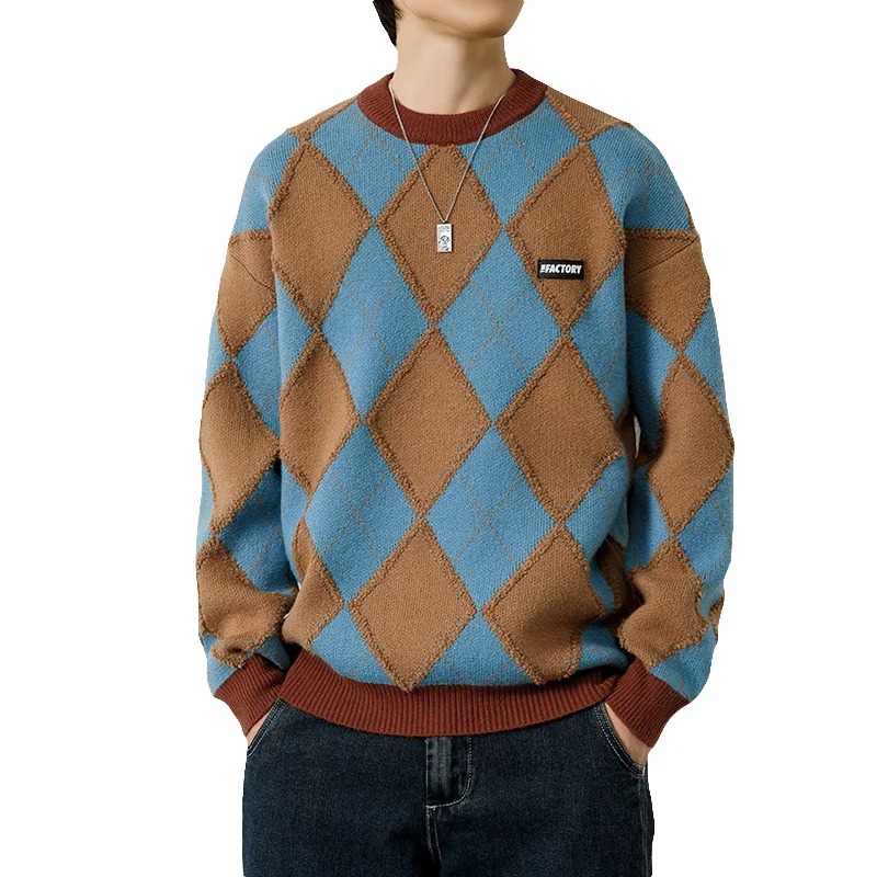 Diamond plaid round neck sweater for men  color contrast, retro casual loose knit sweater pullover, versatile sweater wholesale