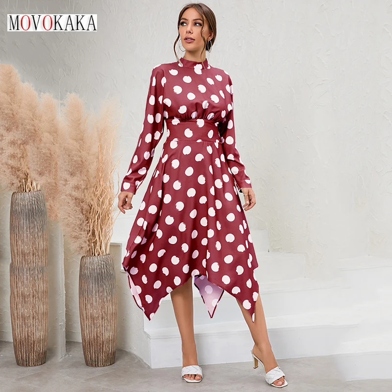 

MOVOKAKA Autumn Winter Dots Print Long Dress Women Elegant Party Casual Long Sleeve Dresses Office Vintage Asymmetrical Dresses