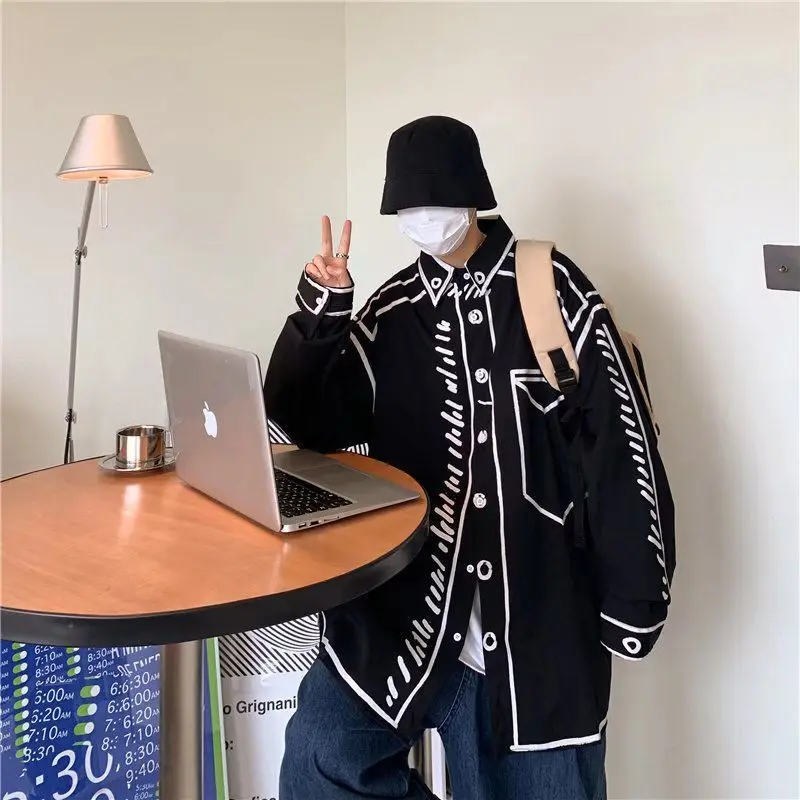 ENAIHUI Men's Shirts Hand-painted Graffiti Long-sleeved Top Couple Casual Loose All-match Shirt Jacket Ruffian Handsome Niche
