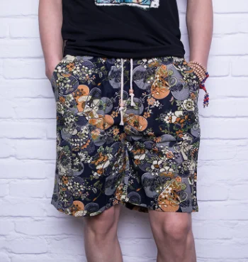 Summer Men Linen Beach Printing Shorts