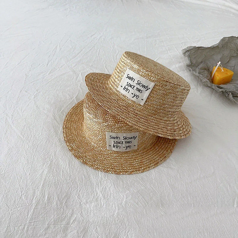 Summer Kids Straw Hat With Label Korea Style Wheat Straw Top Hat Boys Girls Sun Visor Hat Sunscreen Holiday Child Beach Hat