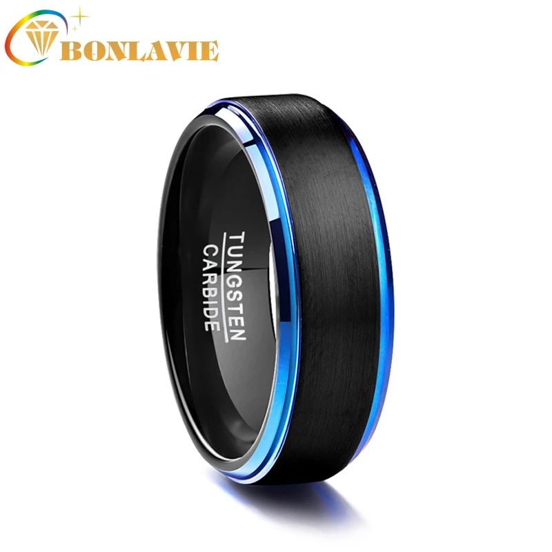 BONLAVIE 8MM frosted surface blue step plating black tungsten carbide Wedding ring for Women Men size 7-12 |