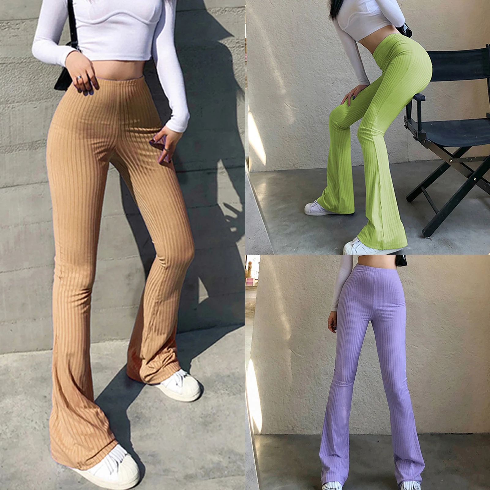 Women Elastic Waist Pants Fashion Leisure Style Flare Leg Trousers Slim Fit Solid Color Skinny Pants Stripe Design Daily Outfit