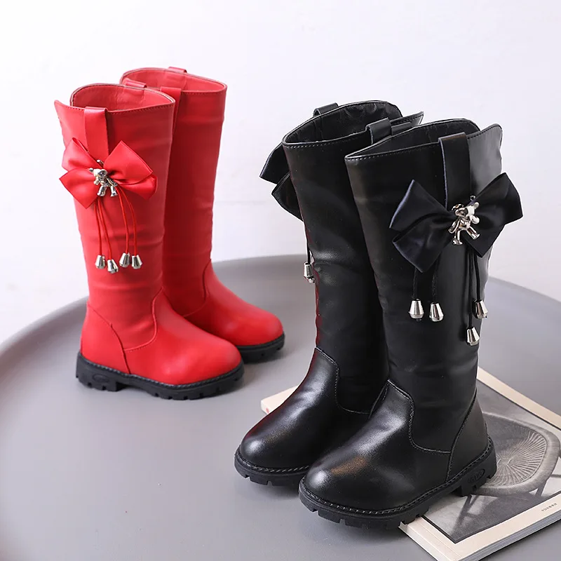 

Kids Shoes Girls High Boots Bow with Bear Tassels 2023 Korean Style Non-slip Elegant Princess Catwalk Shoes PU Fashion Spring