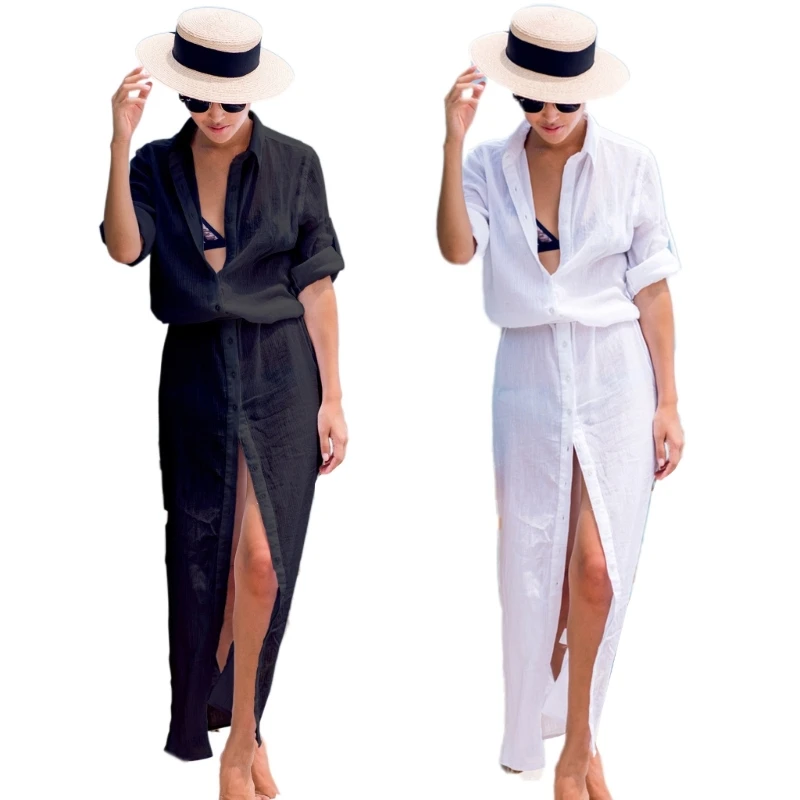 

Womens Casual Long Sleeve Button Down Long Kimonos Cardigans Swimsuit Cover Ups