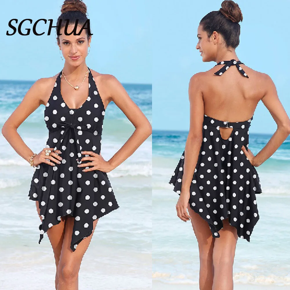 

Plus Size Polka Dot Swimwear Brazilian Sexy Backless 2Pieces Tankini Swimsuit Mesh Swimdress Large Size Ladies Beach BathingSuit
