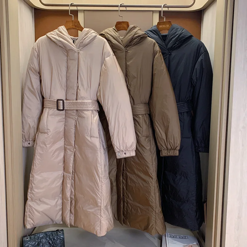 European and American high-end mid-length belt down jacket women's 2022 winter new temperament hooded white duck down jacket