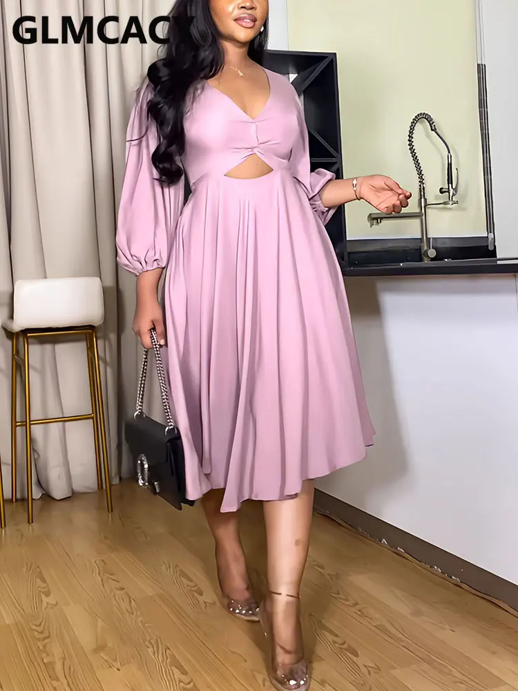 

Женское Плиссированное офисное платье миди с длинным рукавом и V-образным вырезом