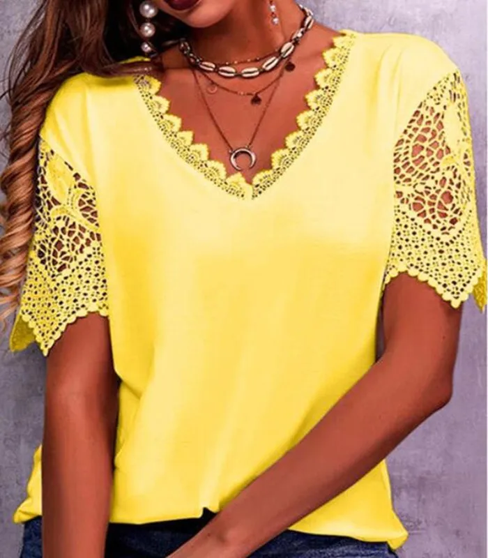 

Женская блузка с кружевом крючком, летняя повседневная Свободная блузка с оборками и расклешенными рукавами, большие размеры 5XL