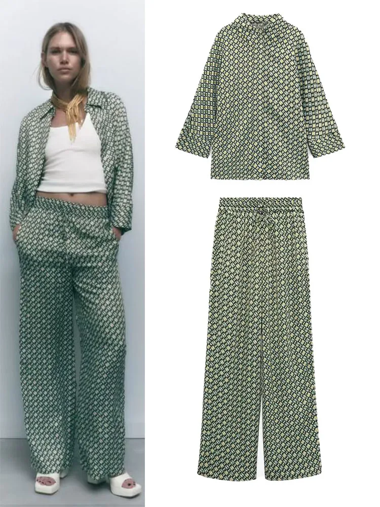 

Summer new women's clothing geometric pattern print long-sleeved shirt + the same fabric straight wide-leg pants