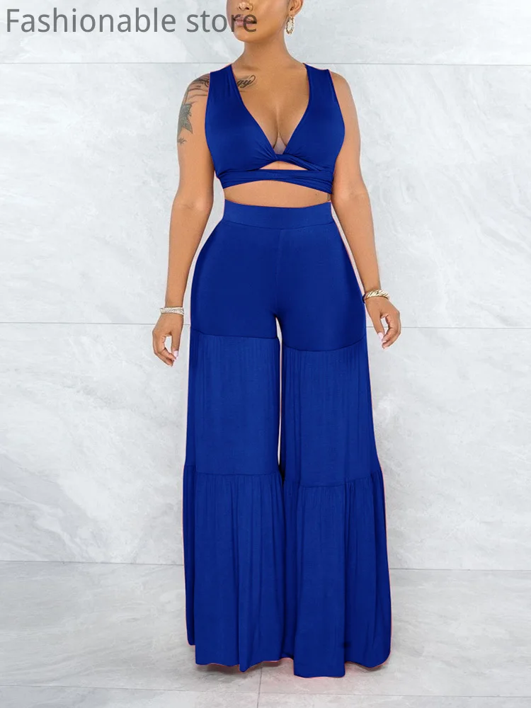 

Women Sexy Solid Color Sleeveless Hollow Out Lace-up Crop Top and High Waist Wide Leg Pants 2pcs Set