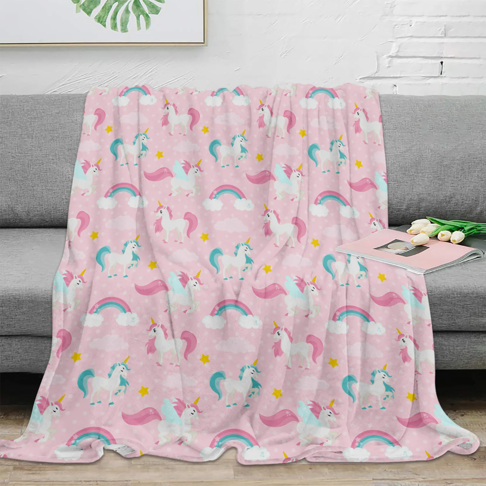 

Unicorn Rainbow Polka Dots Throw Blanket For Sofa Bed Bedroom Bedspread Soft Microfiber Flannel Throw Blanket For Kids Gifts