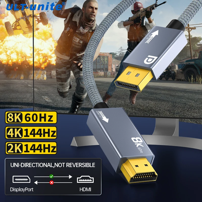 

DP1.4 to HDMI 2.1 Cable 8K@60Hz Audio Video HDR 4K144Hz HCCP2.3 HDMI Splitter Laptop TV Cable for HDTV Box Monitor Wall Display
