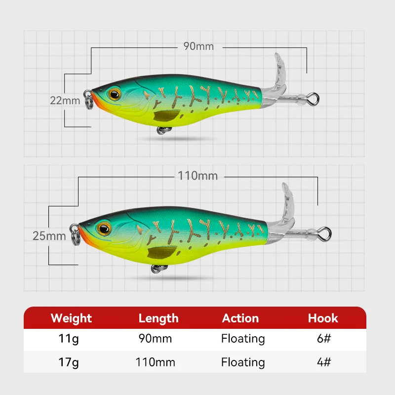 KINGDOM Propeller Topwater Fishing Lures 9cm 11cm Floating Artificial Baits Hard Plopper Soft Rotating Tail Fishing Tackle enlarge