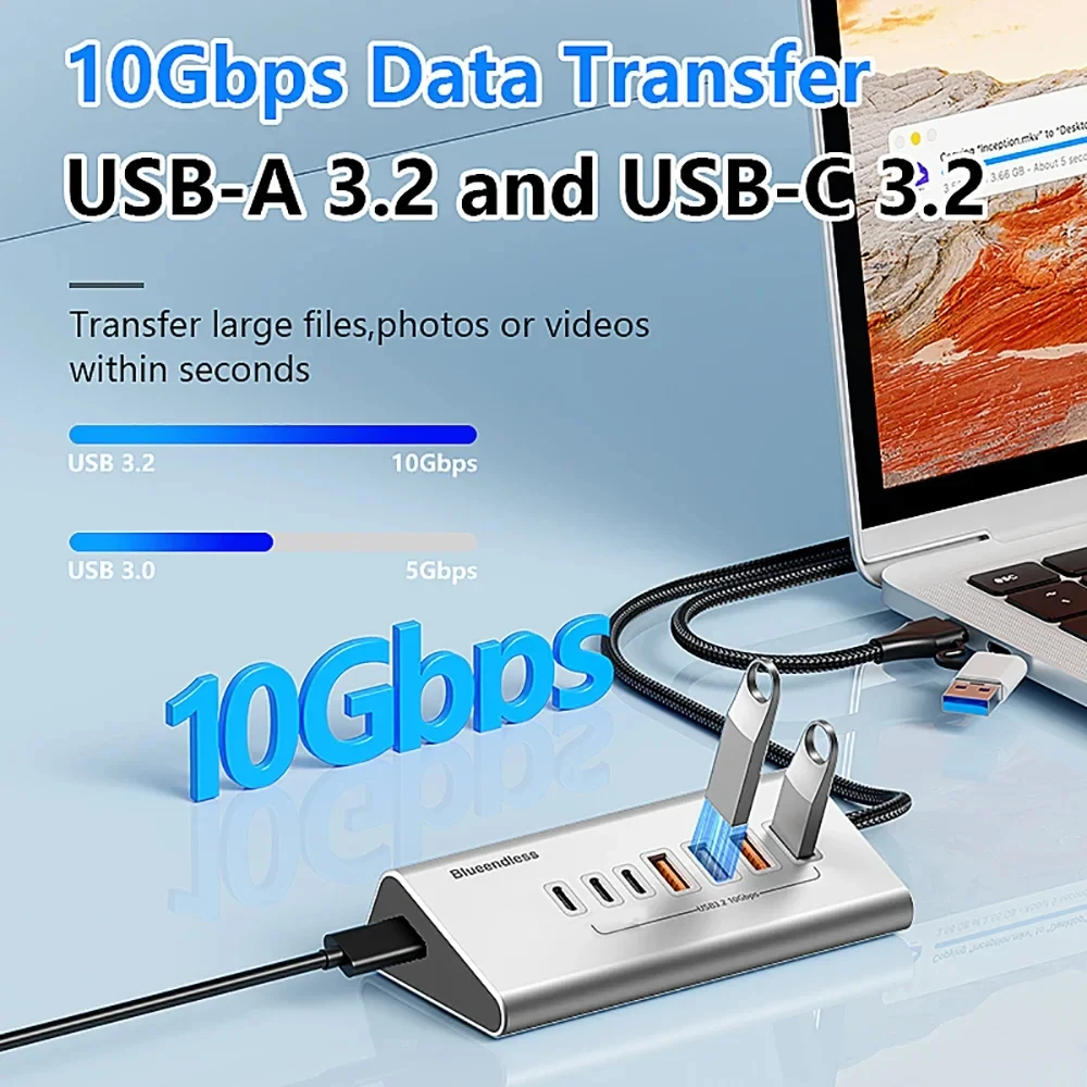 Фото KEBIDUMEI USB-хаб 10 Гбит/с USB 3.2, 8-в-2, Type-C на 4xUSB3.2+3xTYPE C 3.2, док-станция, разветвитель Type-C из алюминиевого сплава для ПК и ноутбуков №2
