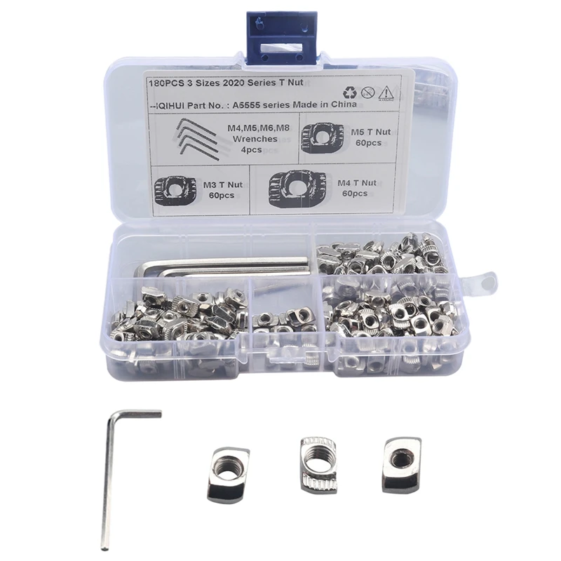 

180 шт. Т-образные гайки M3 M4 M5 с никелевым покрытием для алюминиевого профиля европейского стандарта (с ключом)