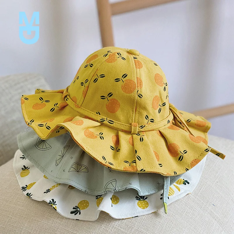 

New 2-7 Years Old Cute Summer Baby Girl Bucket Hat Print Outdoor Bowknot Kids Girl Sun Hat Children Intant Toddler Panama Beach