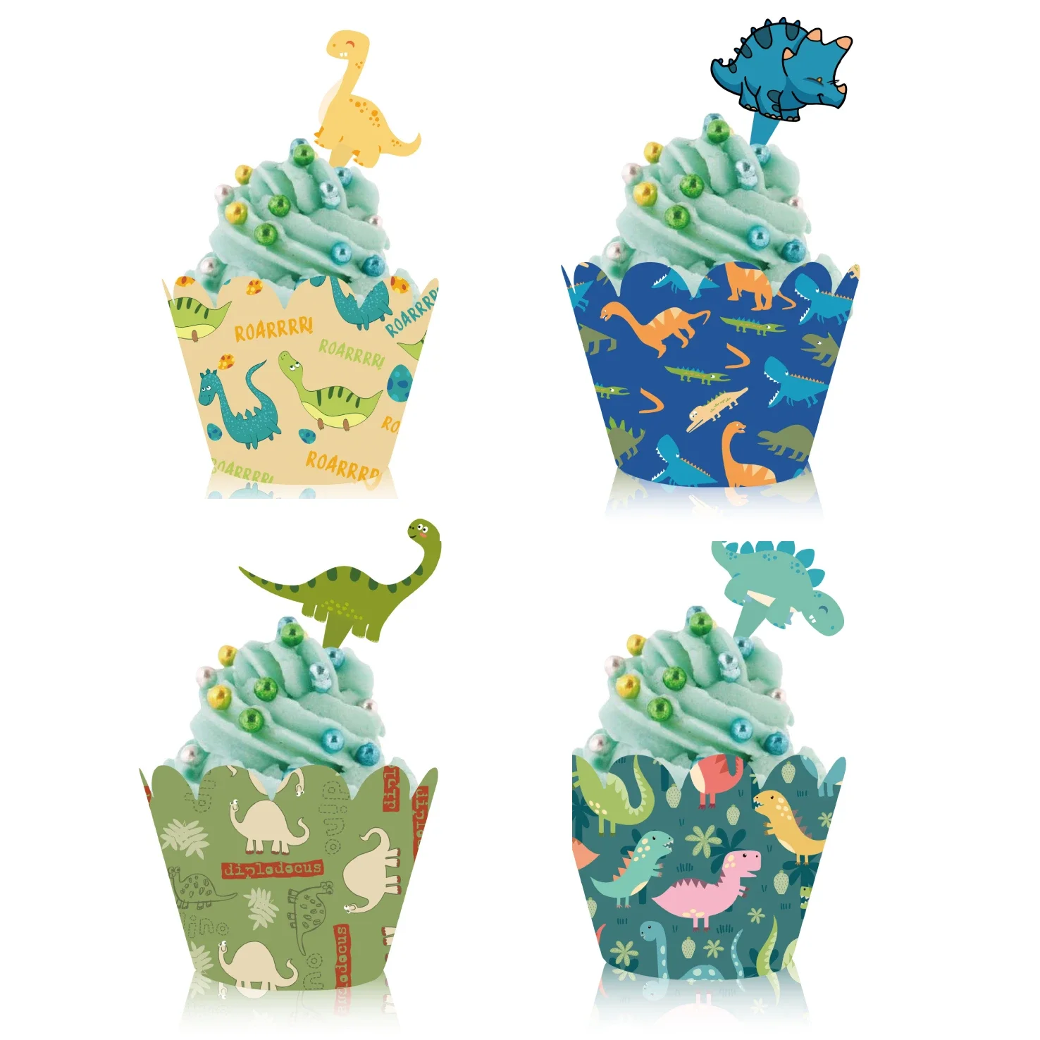 12/24pcs Dinosaur Cupcake Wrappers Cake Topper For Jurassic World Theme Kids Birthday Party Decoration Cake Decorating Supplies